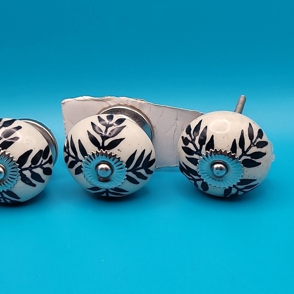 Set of 5 White Black Ceramic Leaf Drawer Knobs Cabinet Pulls Boho Farmhouse - Picture 7 of 11